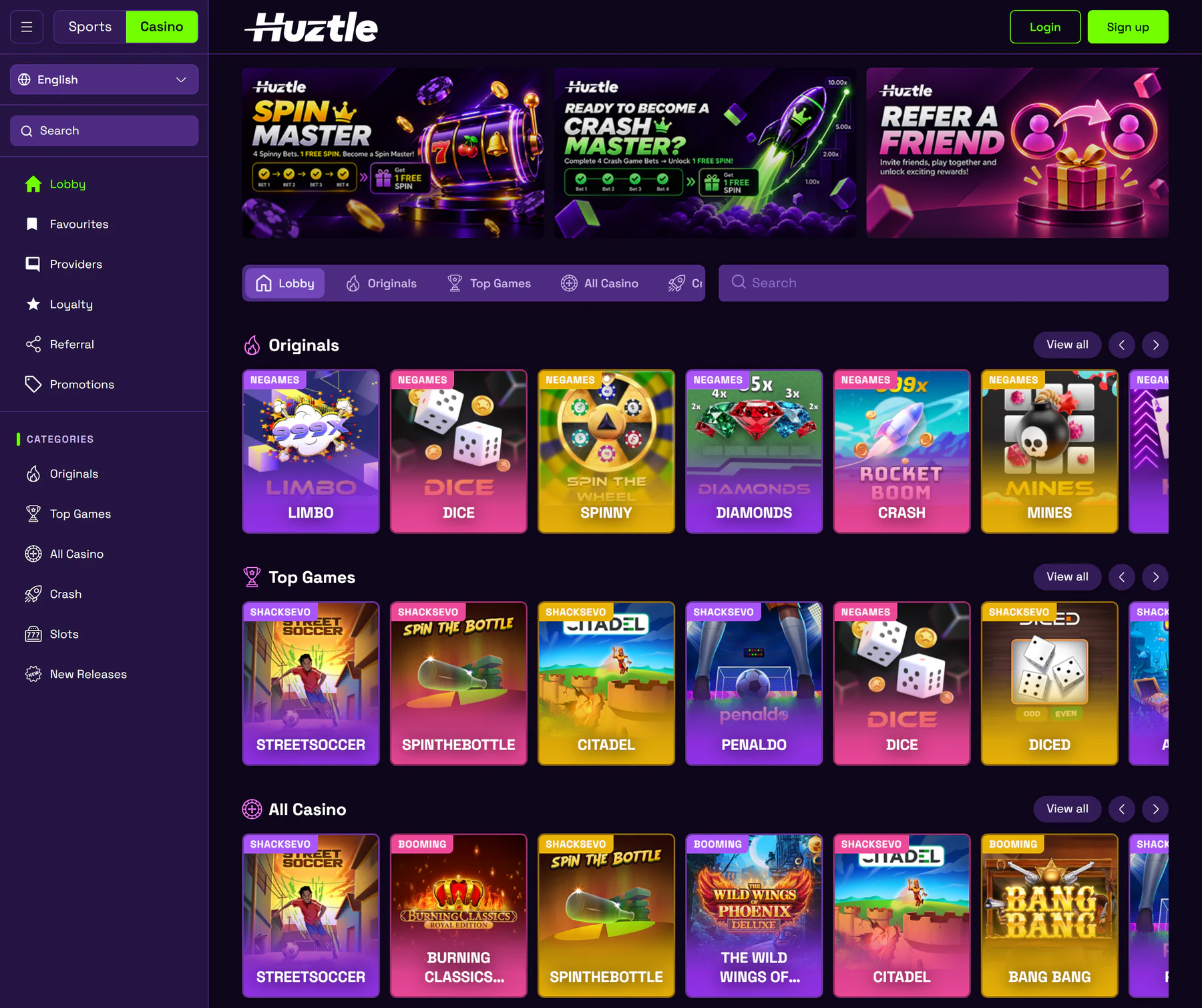 A Bluestuff Casino storefront on desktop: a lobby with promo banners, lobby tabs, and rows of Originals, Top Games and All Casino game tiles.