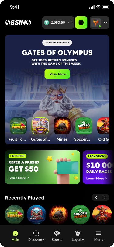 A Bluestuff Casino storefront on a phone: wallet balance, a game-of-the-week banner, promo cards, recently played games and a bottom navigation bar.